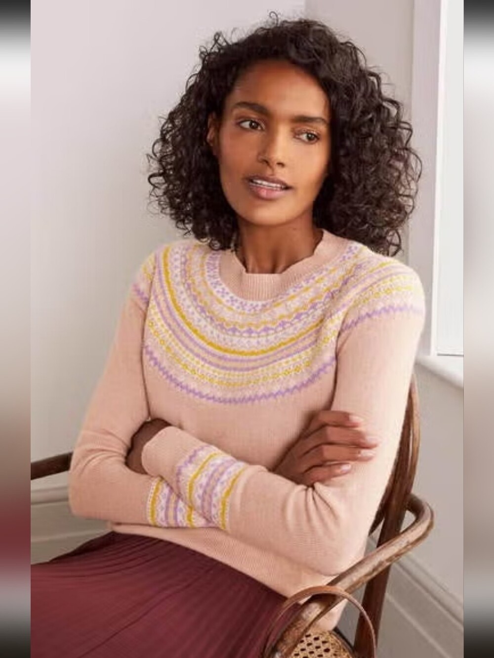 Boden Aberdeen Fair Isle Yoke Crewneck Sweater with Yellow & Lavender Trim